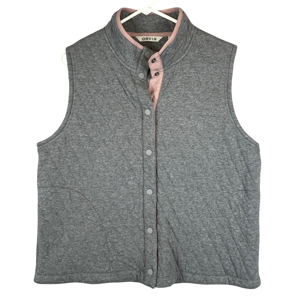 Orvis Womens Gray Quilted Snap‎ Front Vest Mock Neck Pink Trim 3JKM Size L